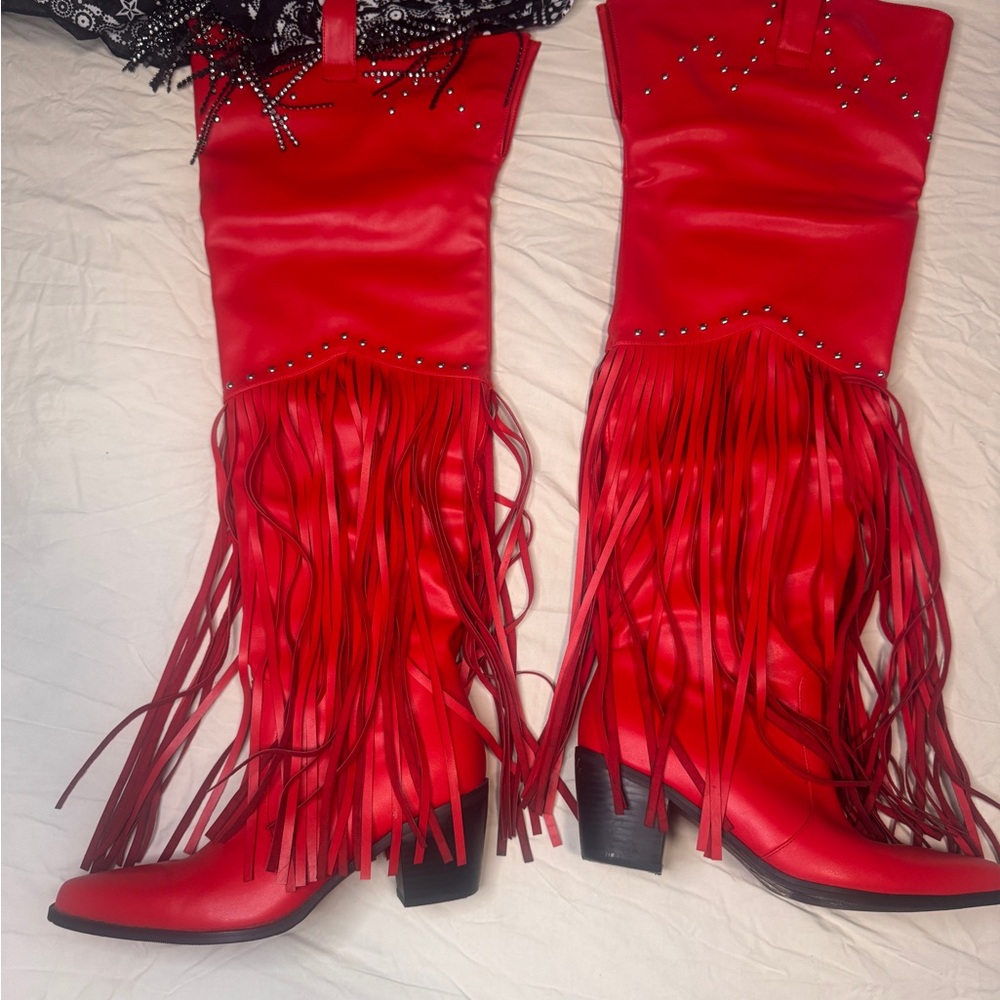 Red Fringe Leather Boot - Picture 2 of 5